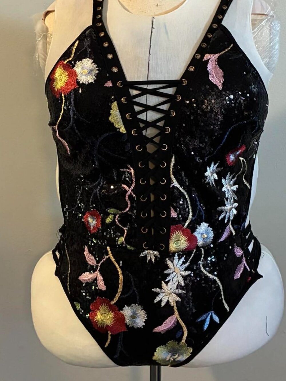 Fashion Nova Full Sequin Swimsuit — RN 39455 (Size 3X — Floral Sequin Lace‑Up)